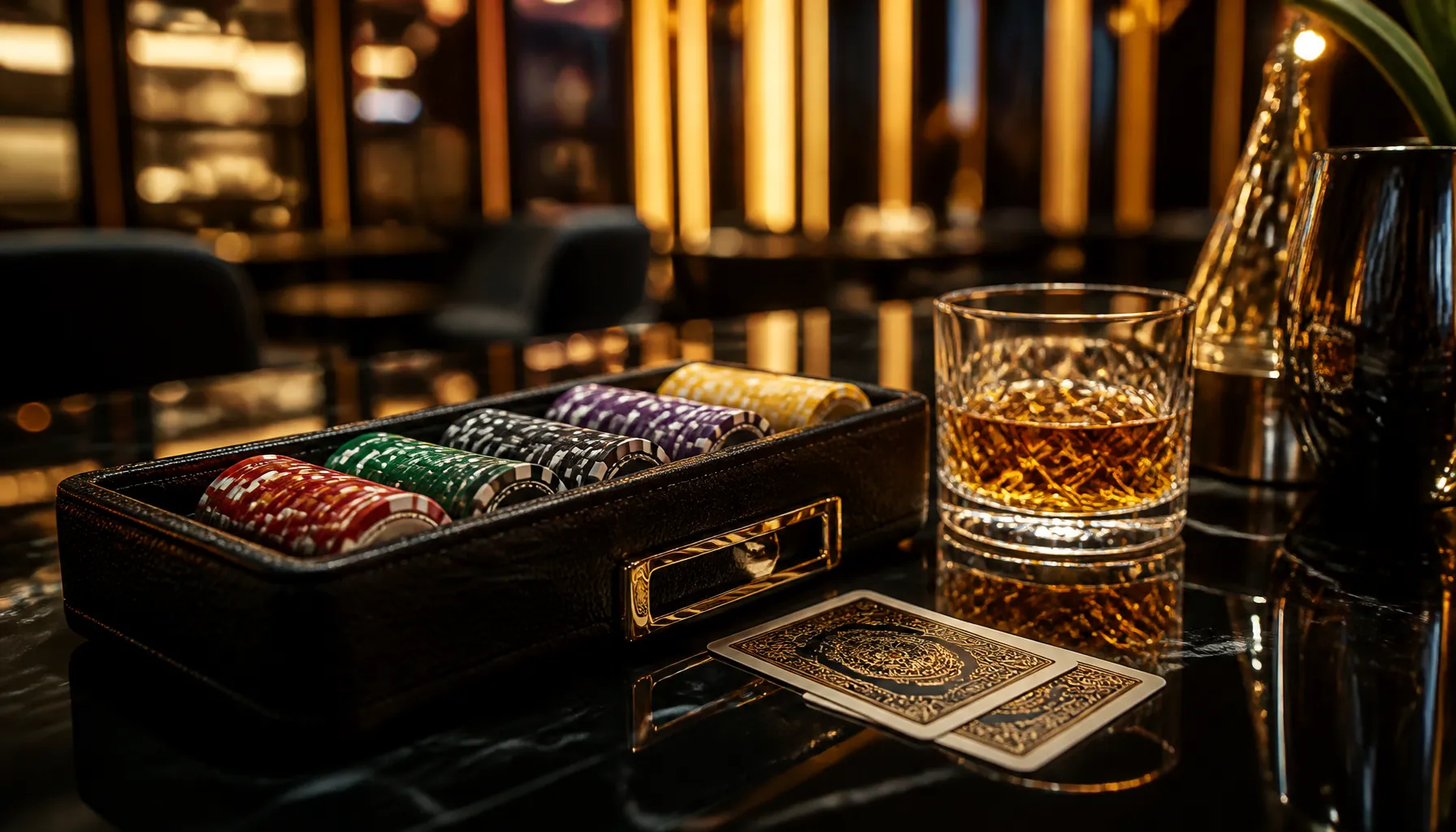 Ornate golden treasure chest overflowing with coins and gems, cinematic warm jewel-toned lighting, luxury casino promotional