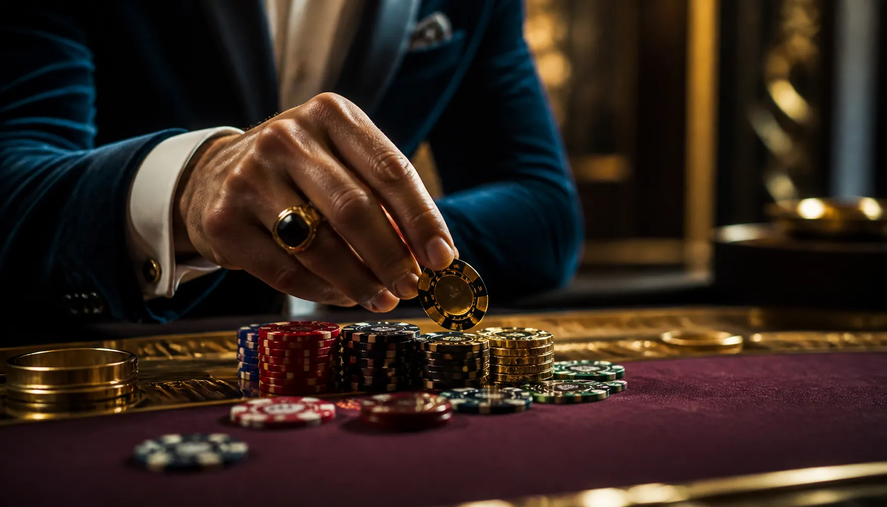 Ornate golden treasure chest overflowing with coins and gems, cinematic warm jewel-toned lighting, luxury casino promotional