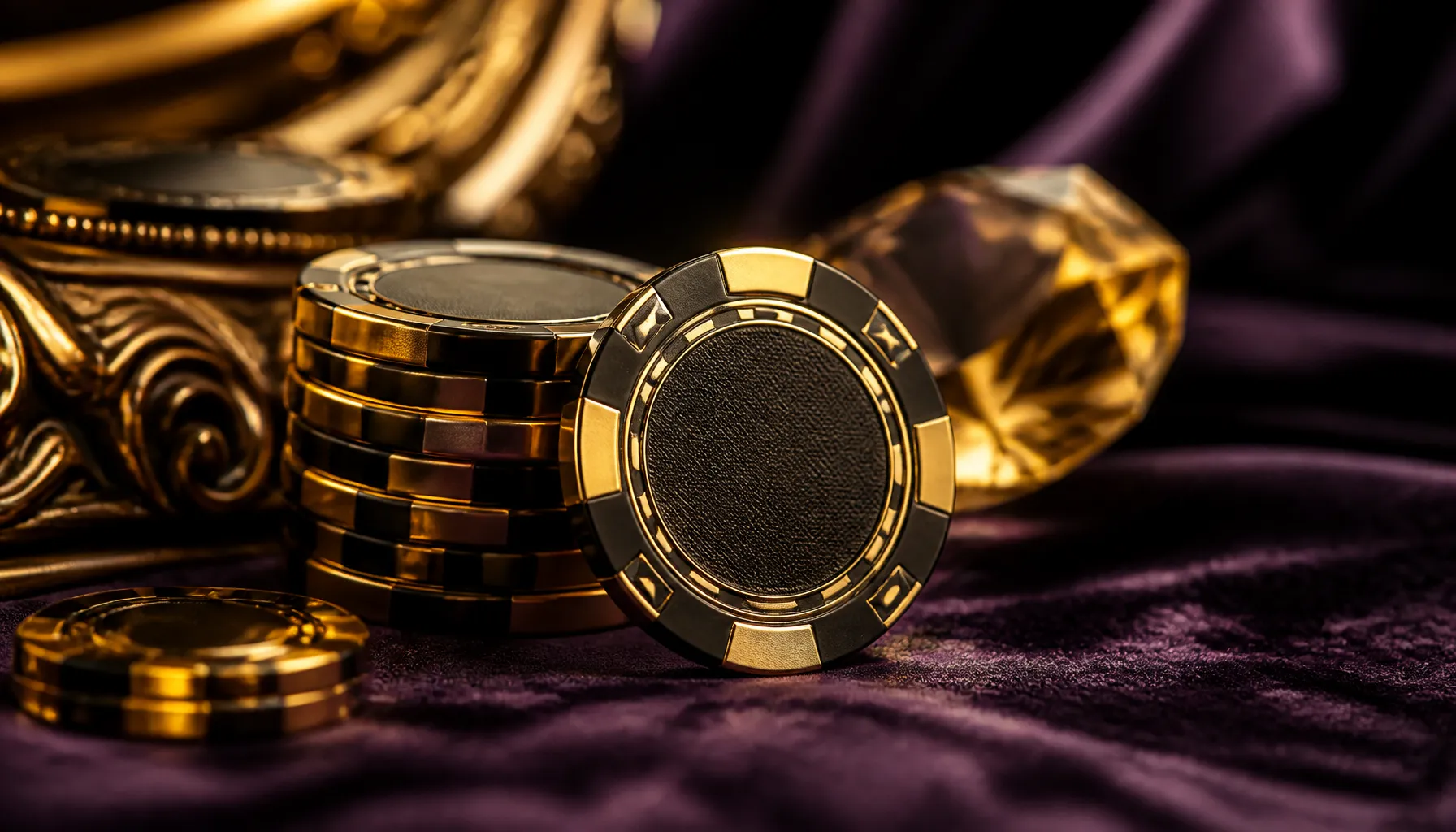 Ornate golden treasure chest overflowing with coins and gems, cinematic warm jewel-toned lighting, luxury casino promotional